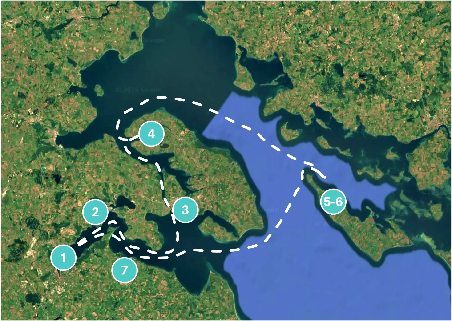 Route map of the 8-day golf cruise through Denmark