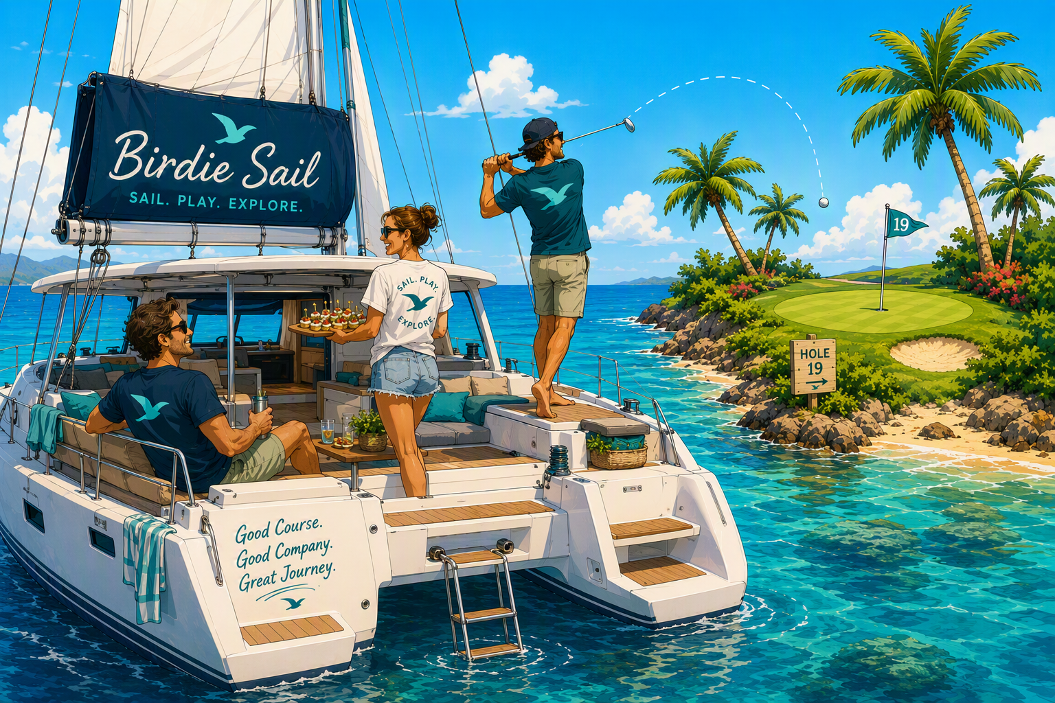 Golfers relaxing on a catamaran next to a coastal golf course, the Birdie Sails experience